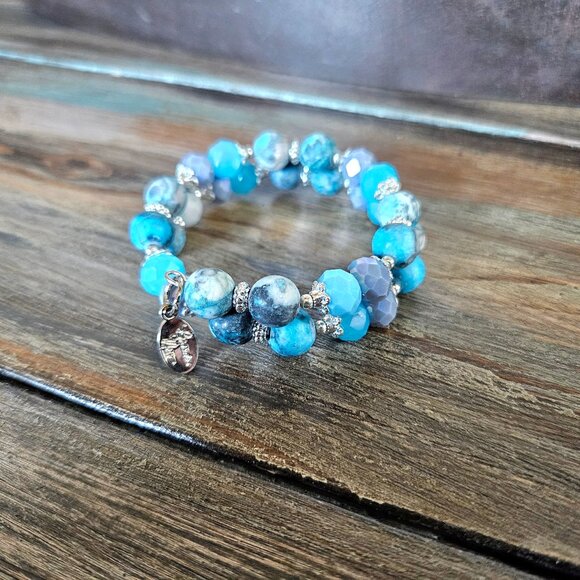Aqua Gemstone Beaded Bracelet Silver Beach Cruise Memory Wire Designer NWT - Picture 6 of 12